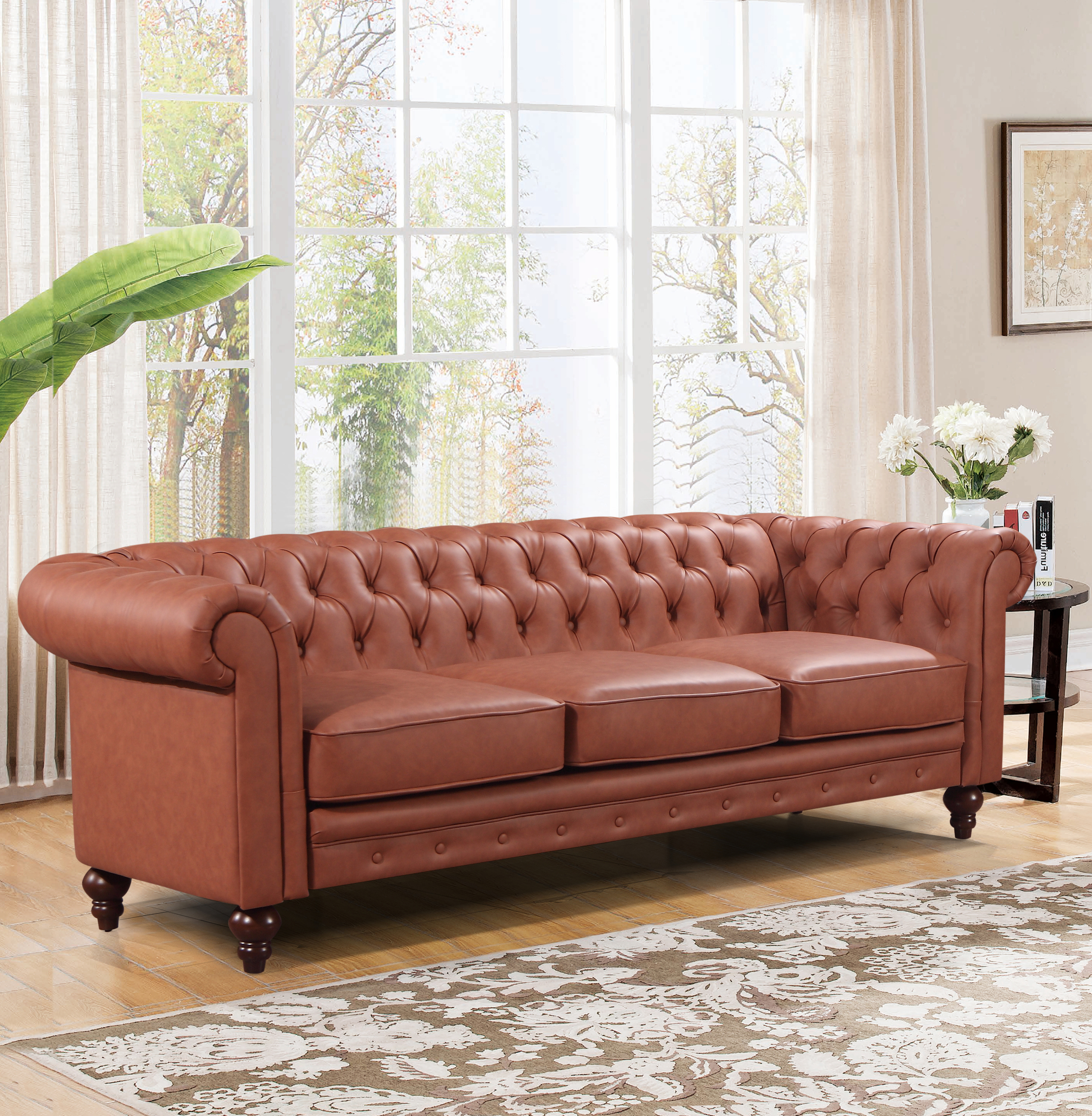V43-SOF-MDL3SBR-81821-00 3 Seater Brown Sofa Lounge Button Tufted in Faux Leather - Image 1