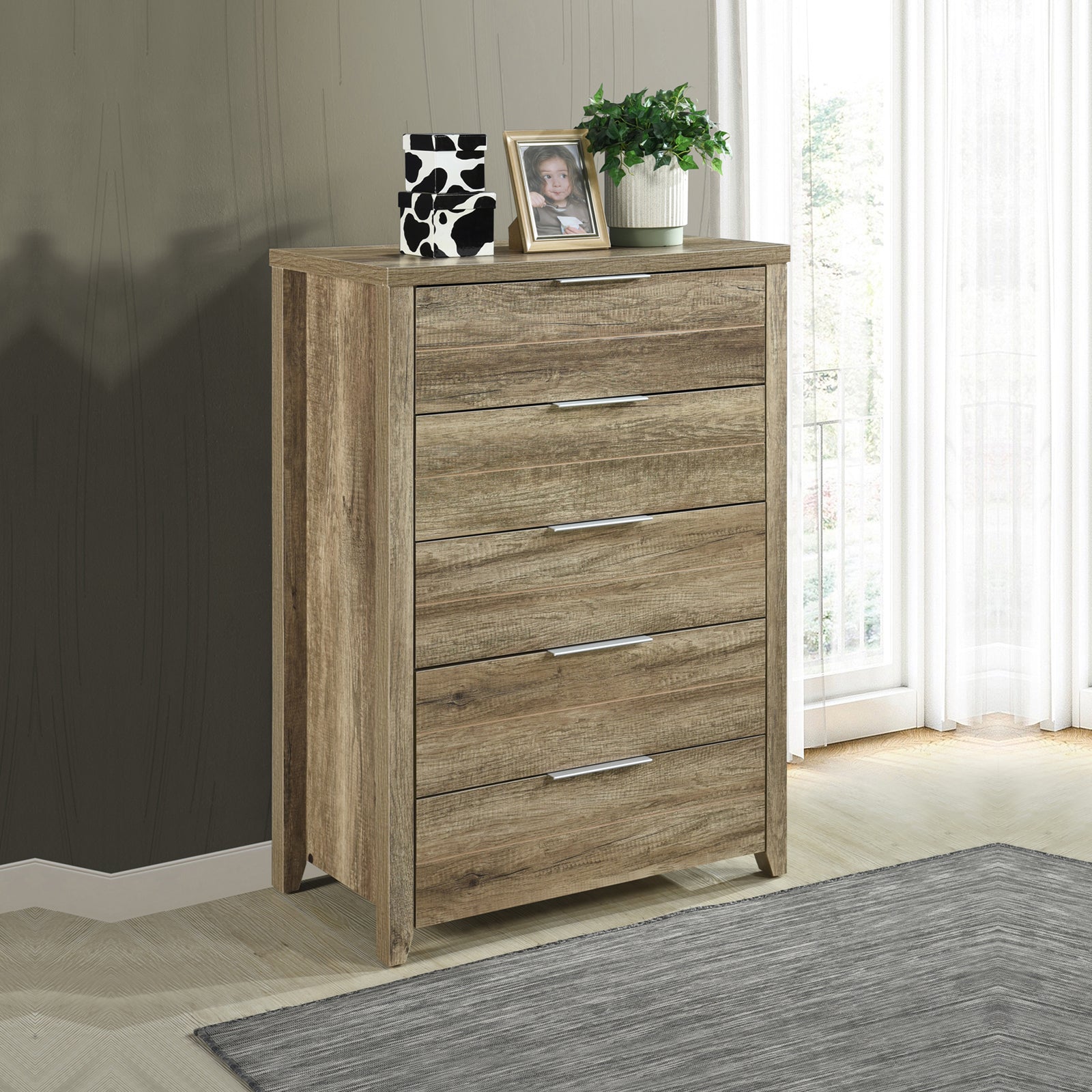 V43-TBY-CELOAK-202505131817-00 Tallboy with 5 Storage Drawers Natural Wood like MDF in Oak Colour - Image 1