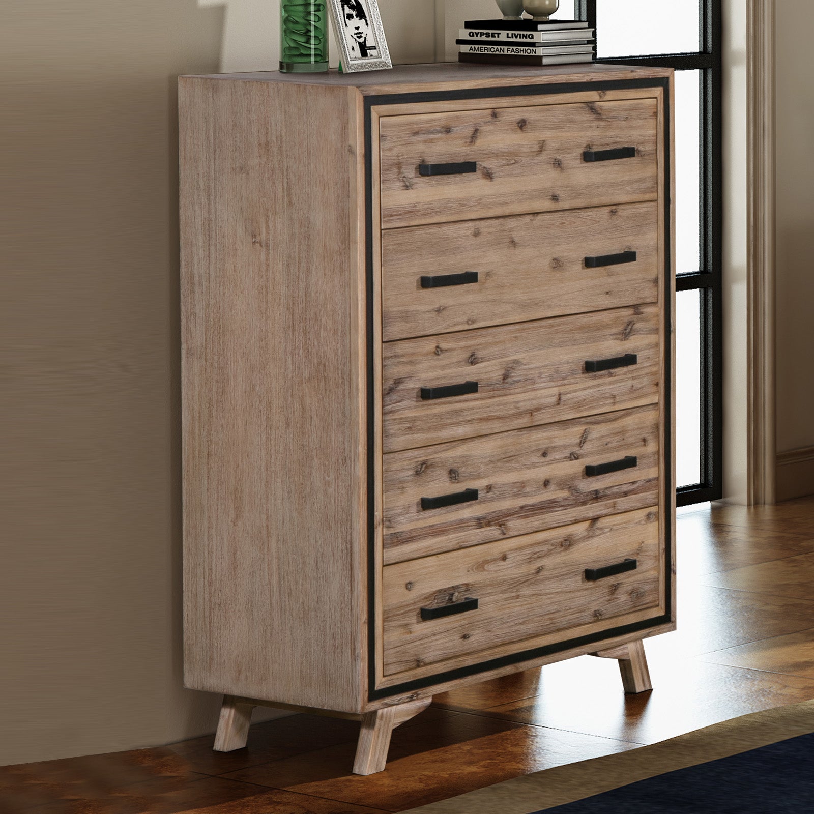 V43-TBY-SSH-202505131820-00 Tallboy with 5 Storage Drawers Solid Acacia Wooden Frame in Silver Brush Colour - Image 1