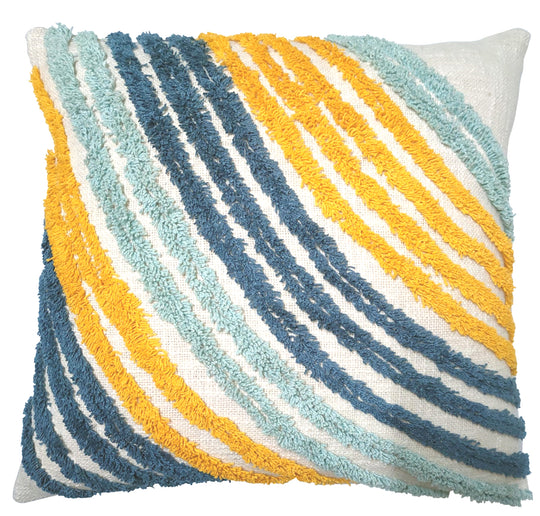 V430-KZ-165-70671-00 Cream cushion with blue/yellow tufted stripes 45x45cm - Image 1