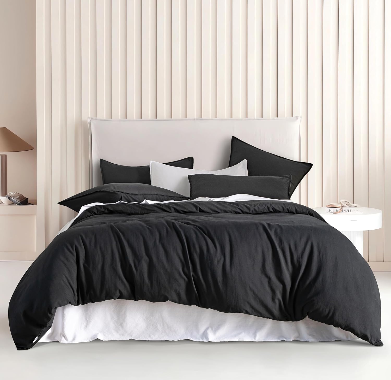V439-AQSBLACKWM-191144-00 Vintage Washed Microfibre Quilt Cover Set (2Pcs) - Black - Single Size - Image 1