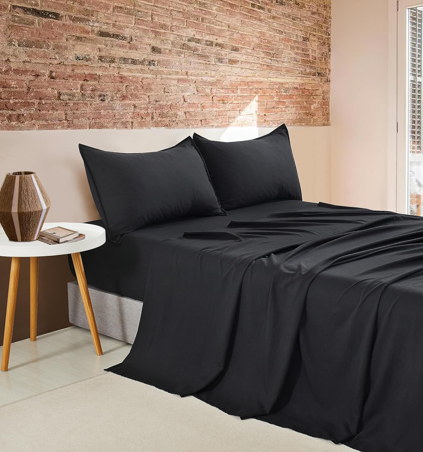 V439-ASSTBLACKWM-191246-00 Vintage Washed Microfibre Sheet Set with 1 Pillowcase - Black - Single - Image 1