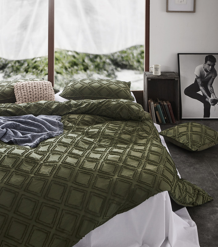 V439-BQSTUFKGCP-72261-05 100% Premium Tufted Microfibre Quilt Cover Set - Ultra-Soft, Durable Embroidery Bedding Comforter Set - Machine Washable & Zipper Closure - Khaki Green - Double - Image 1