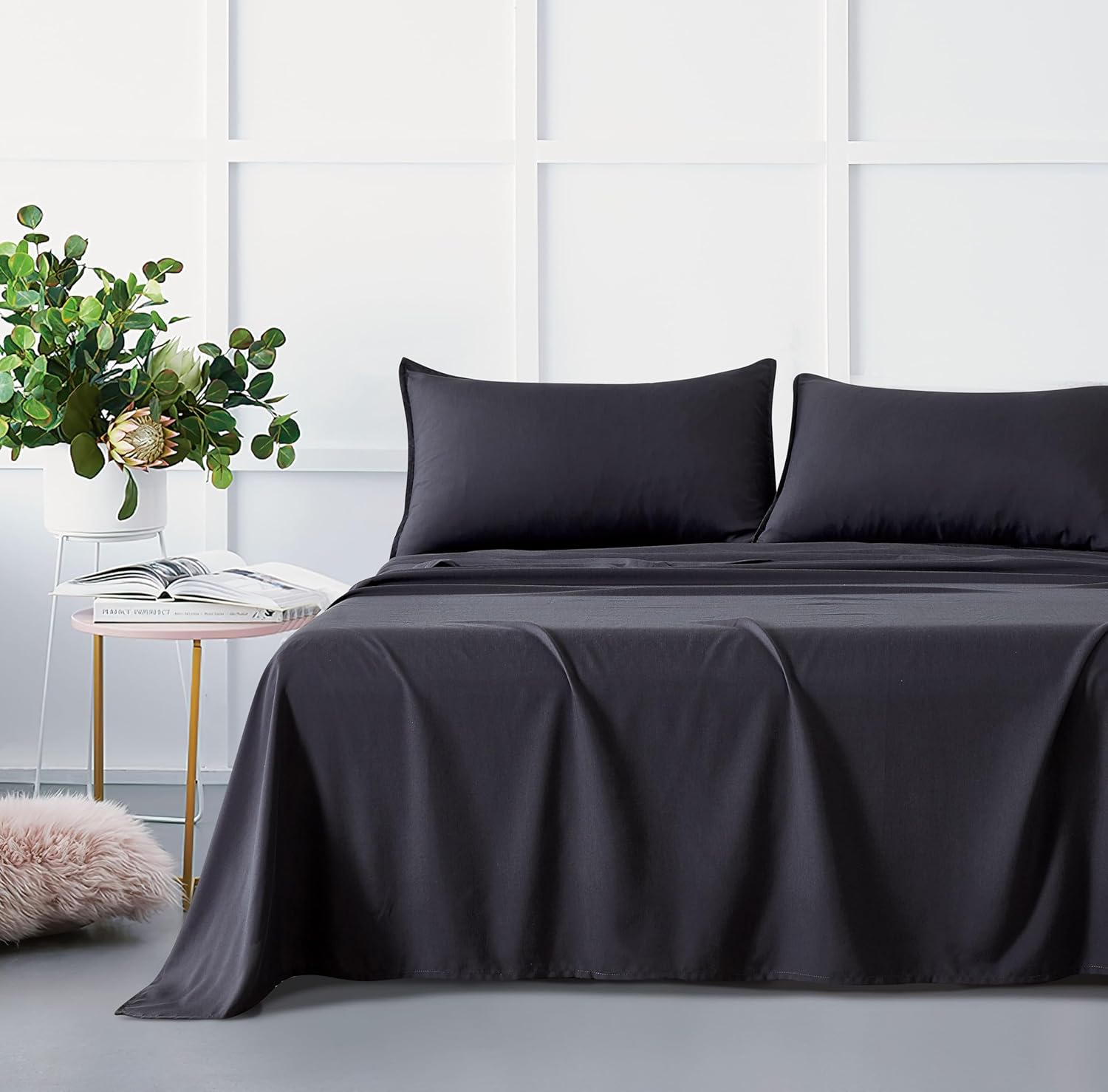 V439-BSSTBAMPOLYCHAR-210908-00 Bamboo Microfibre Sheet Set - Charcoal - Double - Image 1