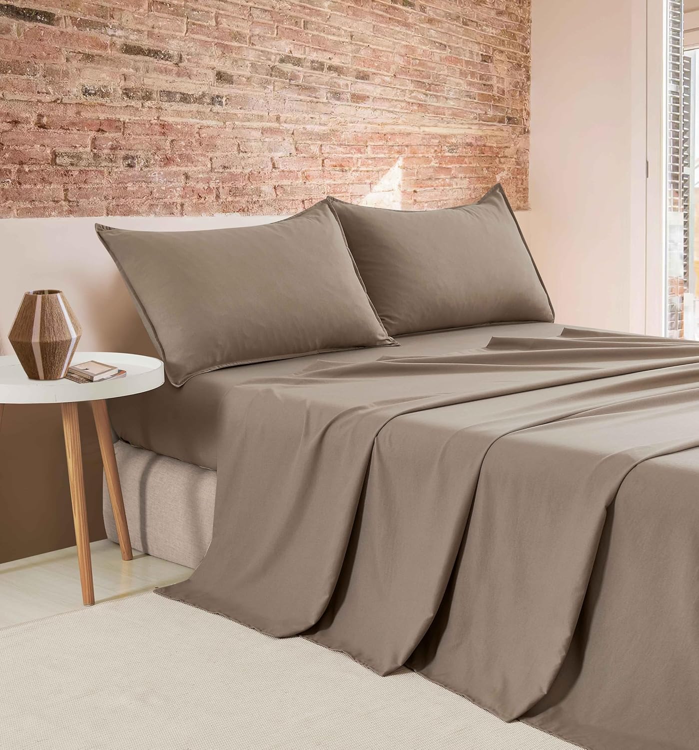 V439-BSSTTRUFFLEWM-218351-00 Vintage Washed Microfibre Sheet Set (Truffle, Double) - Image 1