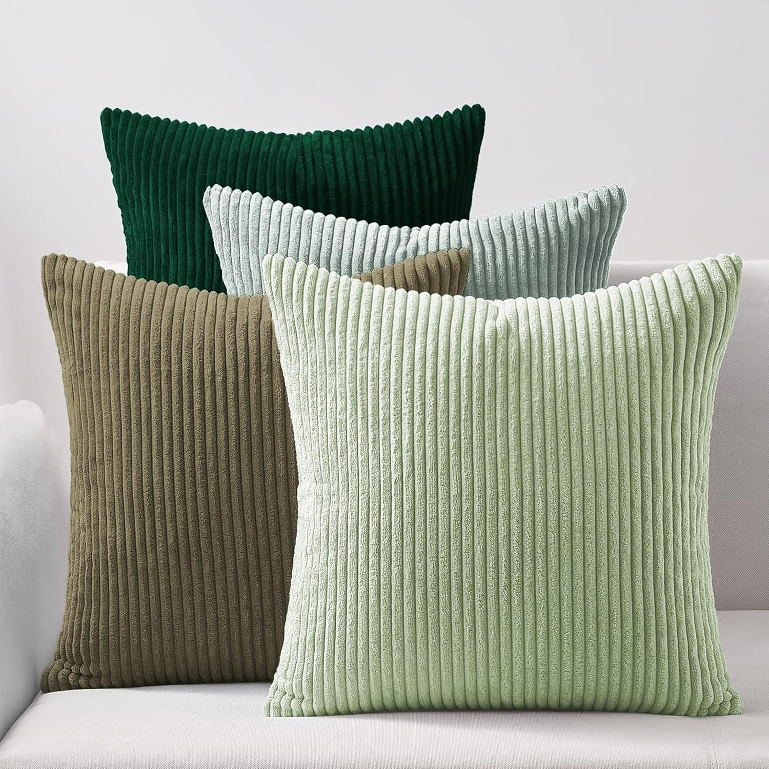 V439-CORDGREEN4-45-202506190420-00 Corduroy Velvet Cushion Covers - Soft Velvet Fabric with Hidden Zipper - Stylish Mix of Green Shades, 45cm x 45cm (Pack of 4) - Image 1