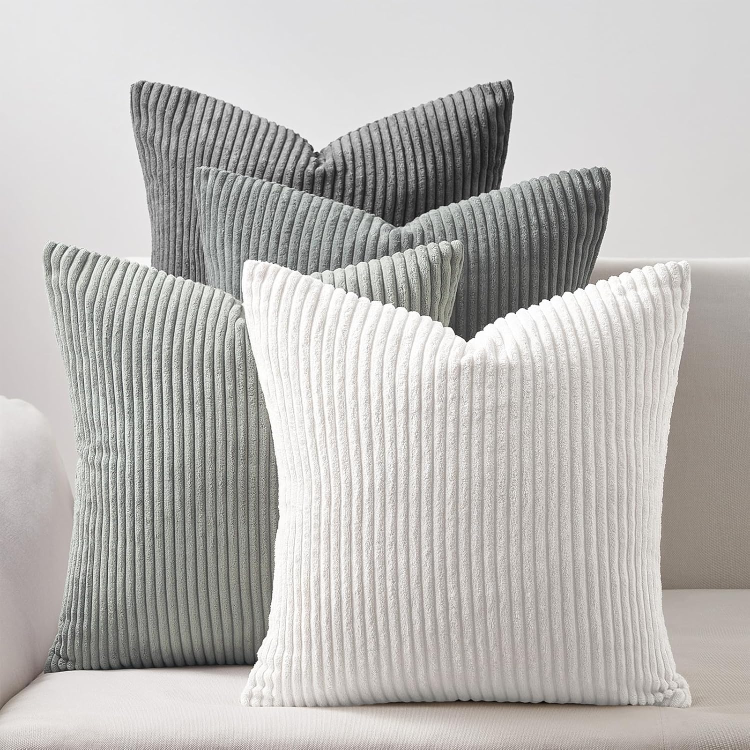 V439-CORDGREY4-45-202506190421-00 Corduroy Velvet Cushion Covers - Soft Velvet Fabric with Hidden Zipper - Stylish Mix of Grey Shades, 45cm x 45cm (Pack of 4) - Image 1