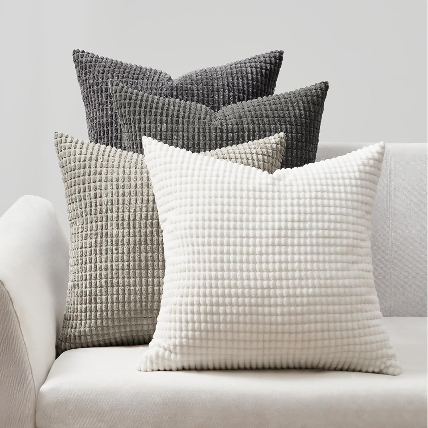 V439-CORN-GREY4-45-202506190417-00 Corduroy Corn Grain Cushion Covers - Soft Velvet with Hidden Zipper - Stylish Mix of Grey Shades, 45cm x 45cm (Pack of 4) - Image 1