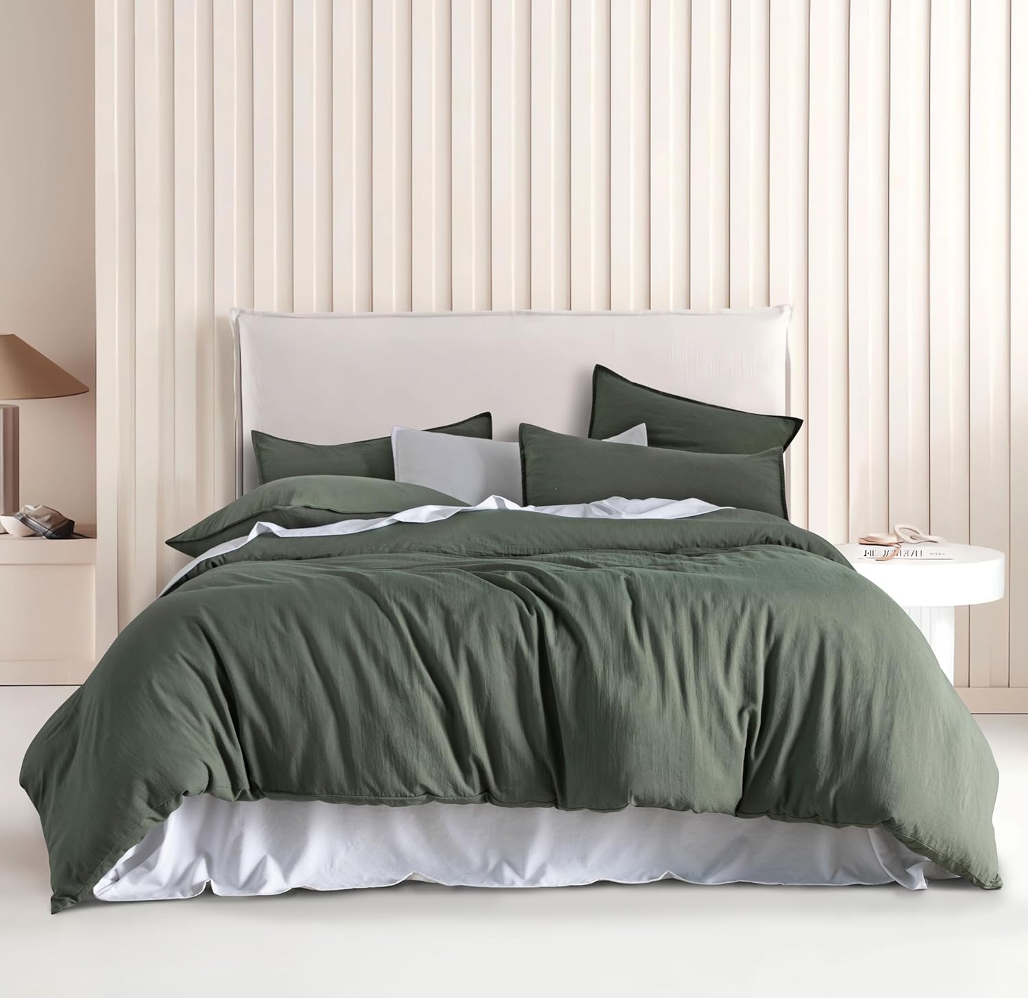 V439-CQSKHAKIWM-191180-00 Vintage Washed Microfibre Quilt Cover Set (3Pcs) - Khaki Green - Queen Size - Image 1