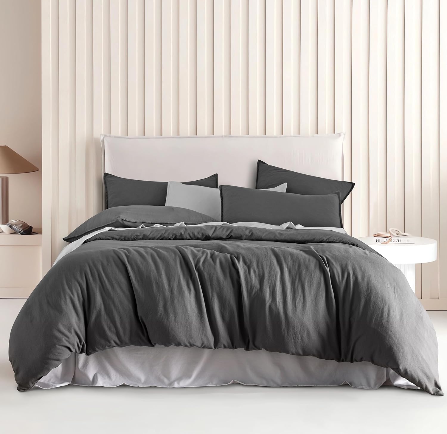 V439-DQSGREYWM-191168-00 Vintage Washed Microfibre Quilt Cover Set (3Pcs) - Grey - King Size - Image 1
