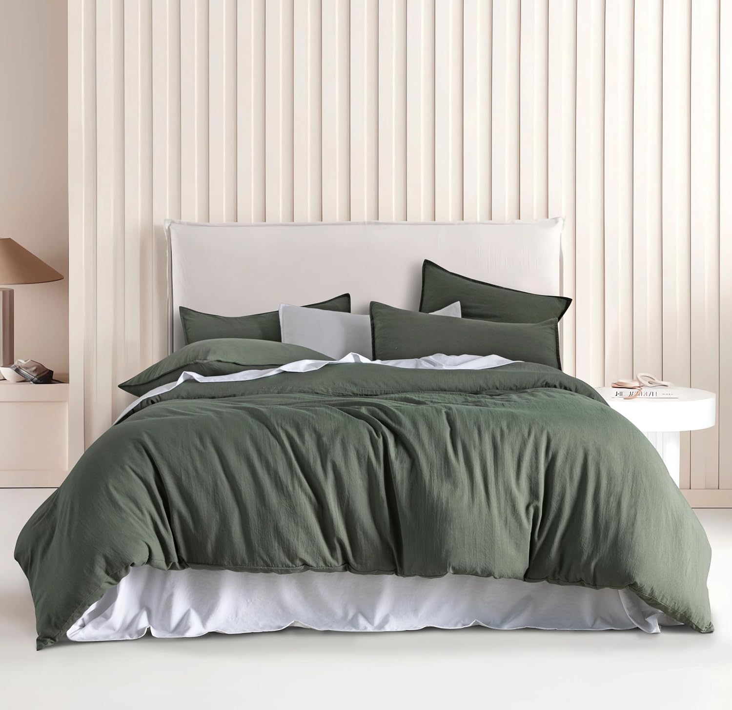 V439-DQSKHAKIWM-191169-00 Vintage Washed Microfibre Quilt Cover Set (3Pcs) - Khaki Green - King Size - Image 1