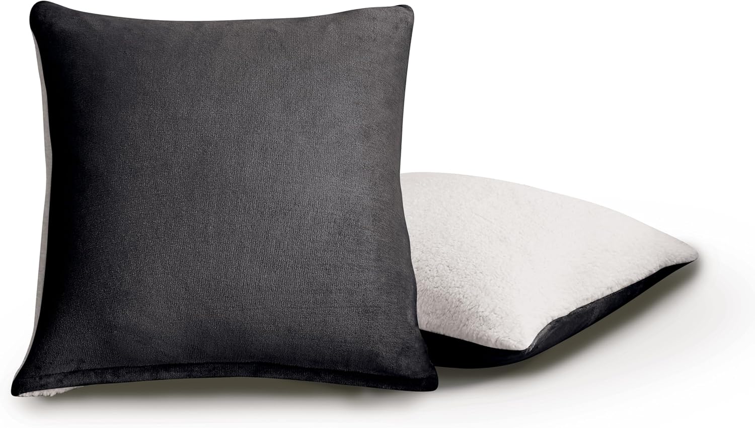 V439-EPSHERPACC-202506241230-00 Teddy Sherpa Twin-Pack European Pillowcases - Soft Reversible Velvet & Sherpa Cushion Covers - Machine Washable with Zipper Closure - 65x65cm - Charcoal - Image 1