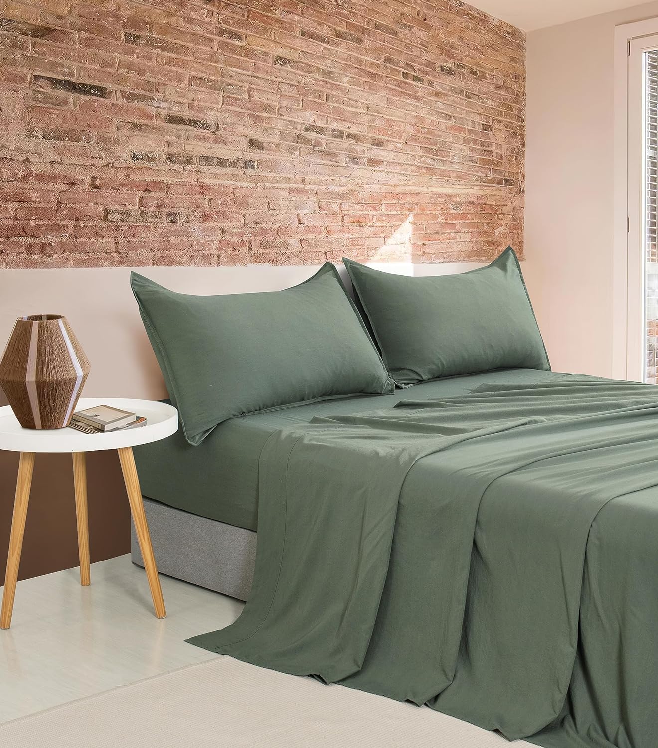 V439-KSSTKHAKIWM-191280-00 Vintage Washed Microfibre Sheet Set with 1 Pillowcase - Khaki Green - King Single - Image 1