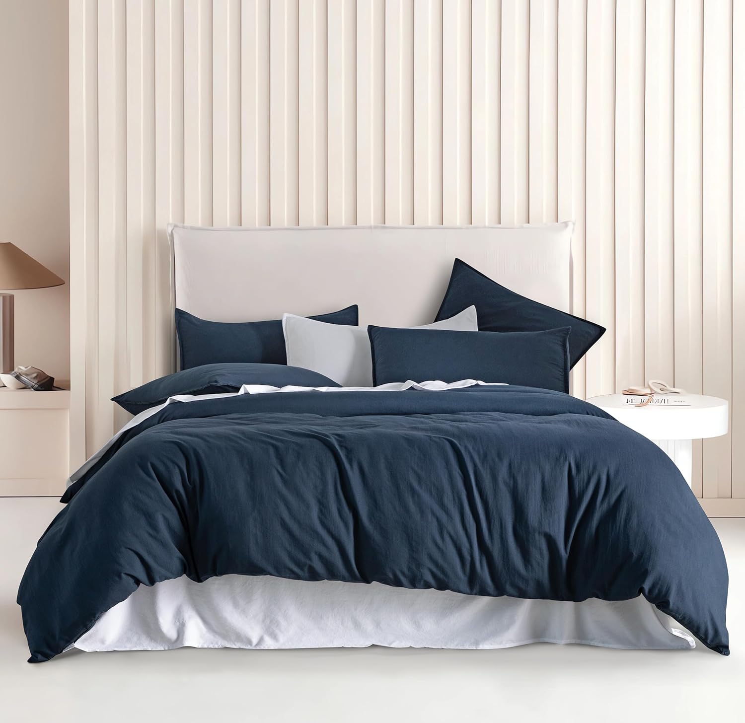 V439-SKQSNAVYWM-191197-00 Vintage Washed Microfibre Quilt Cover Set (3Pcs) - Navy - Super King Size - Image 1