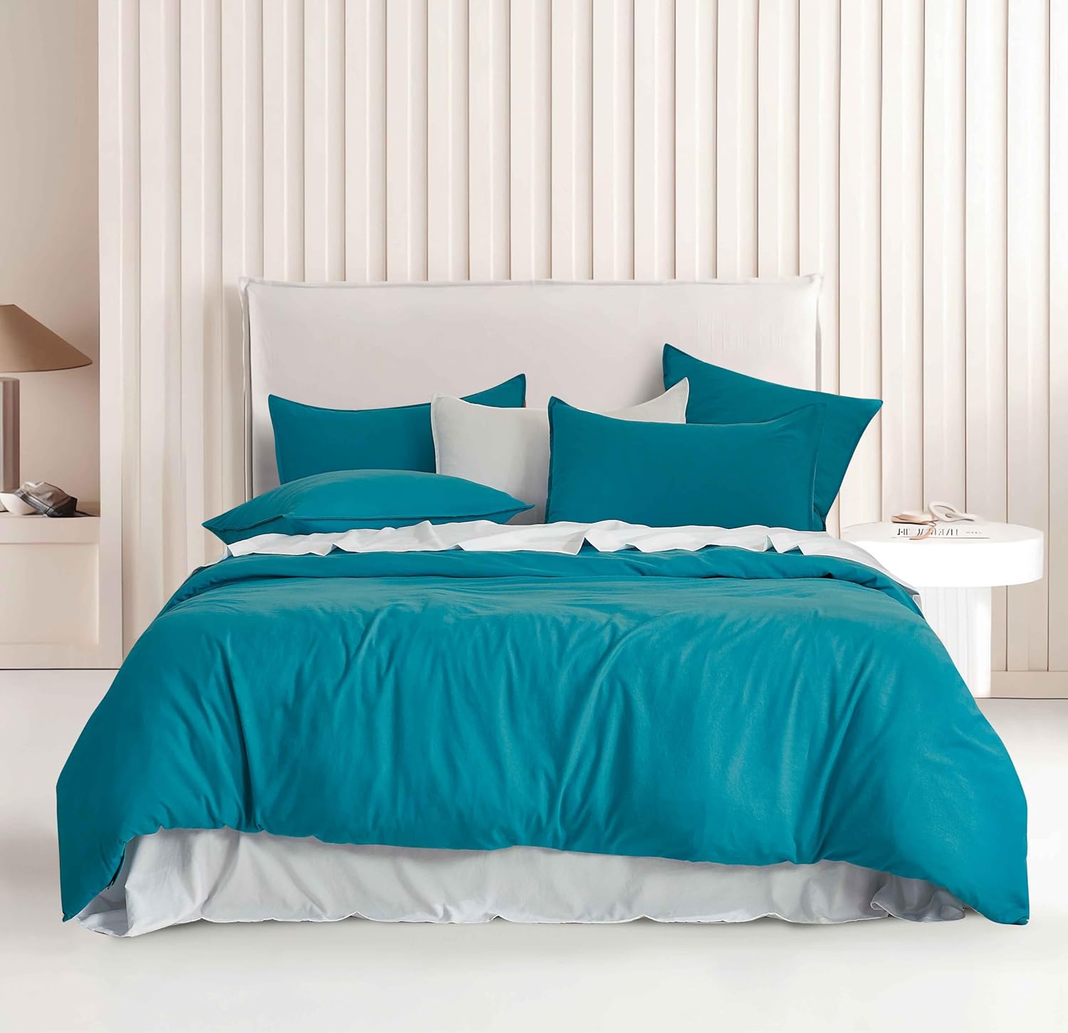 V439-SKQSTEALWM-218368-00 Vintage Washed Microfibre Quilt Cover Set (Teal, Super King) - Image 1