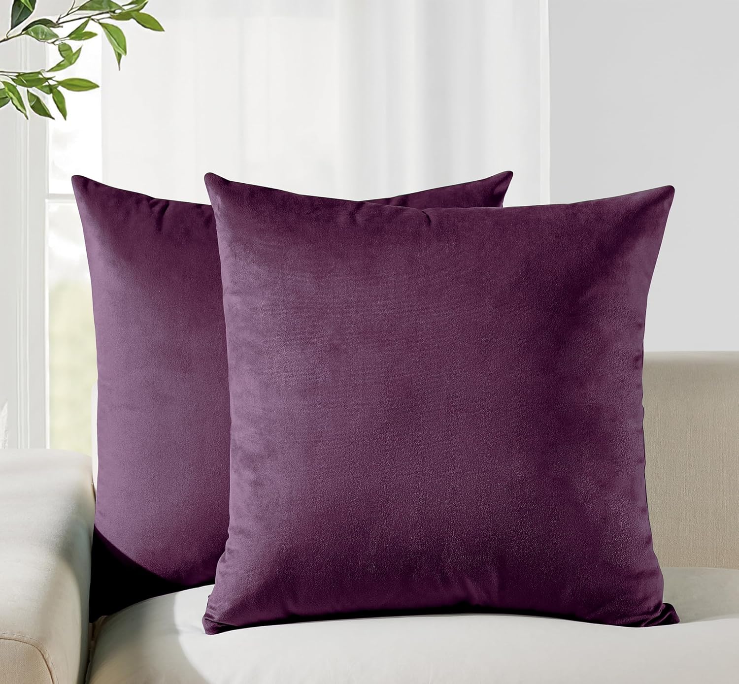 V439-VEL-PLUM-45-202506190403-00 Twin-Pack Velvet Cushion Covers - Soft Microfibre Cushion Covers with Hidden Zipper (Plum, 45cm*45cm) - Image 1