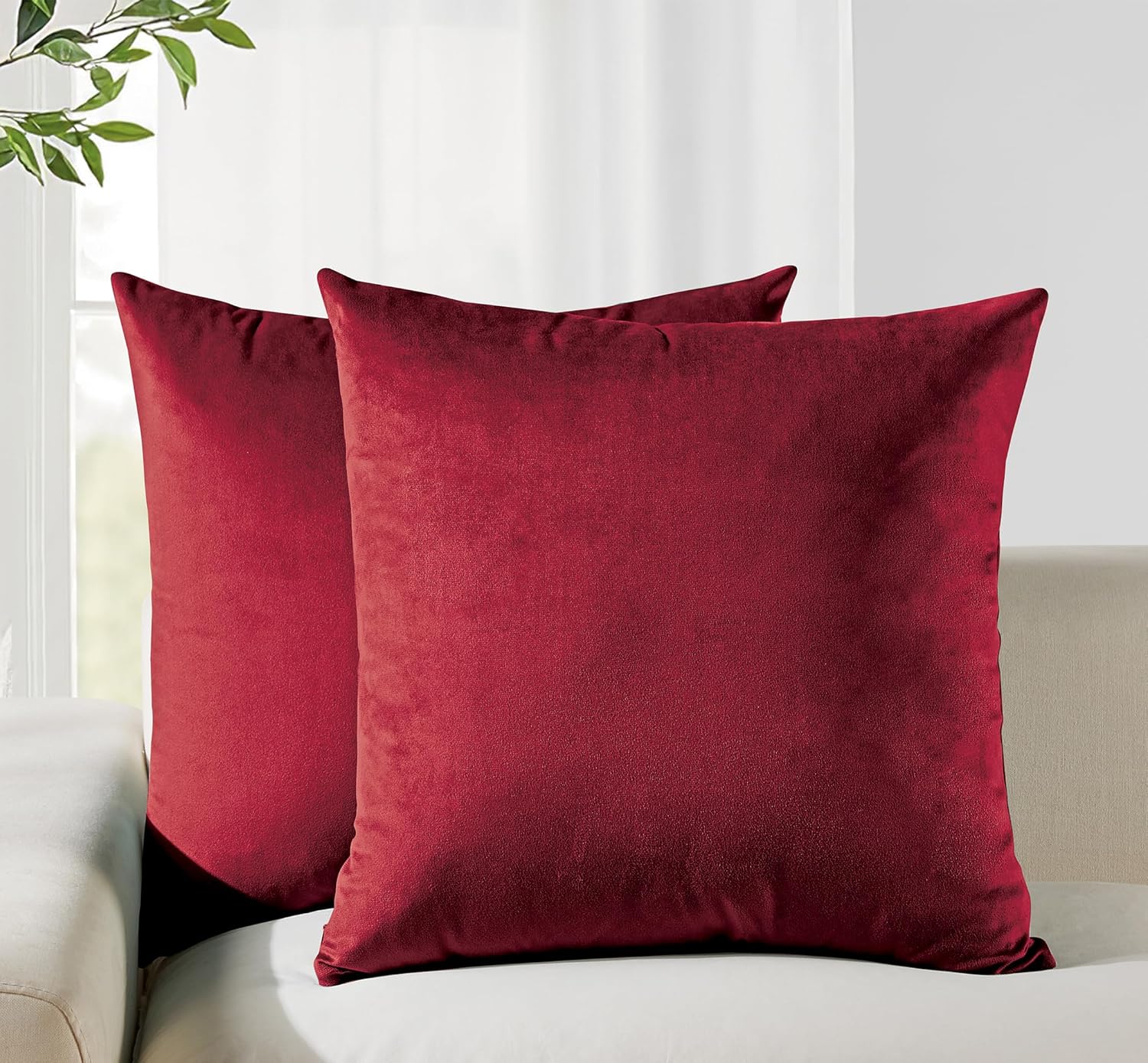 V439-VEL-RED-45-202506190410-00 Twin-Pack Velvet Cushion Covers - Soft Microfibre Cushion Covers with Hidden Zipper (Red, 45cm*45cm) - Image 1
