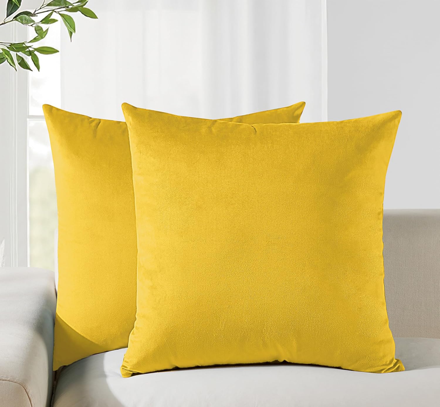 V439-VEL-YELLOW-65-202509041815-00 Twin-Pack Velvet Cushion Covers - Soft Microfibre Cushion Covers with Hidden Zipper (Yellow, 65cm*65cm) - Image 1
