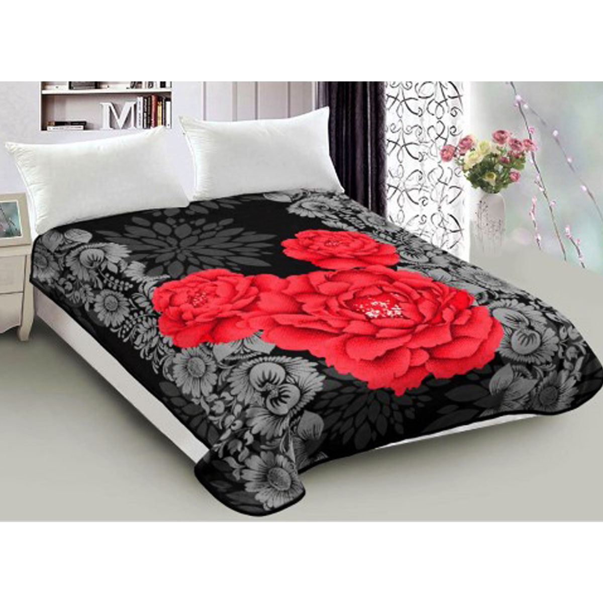 V442-ABR-BLANKET-800GSM22FLORAL-RED-QS-96835-00 800GSM Luxury Reversible Mink Blanket Red Floral Queen 200 x 240 cm - Image 1