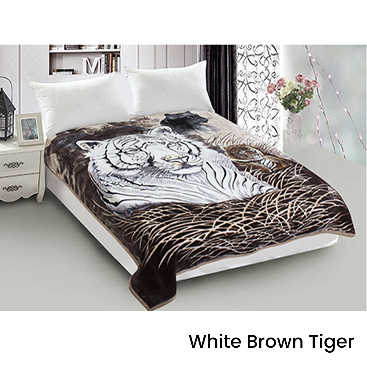 V442-ABR-BLANKET-800GSM22TIGER-WHITEBROWN-QS-96589-00 800GSM Luxury Reversible Animal Mink Blanket Queen 200 x 240 cm White Brown Tiger - Image 1