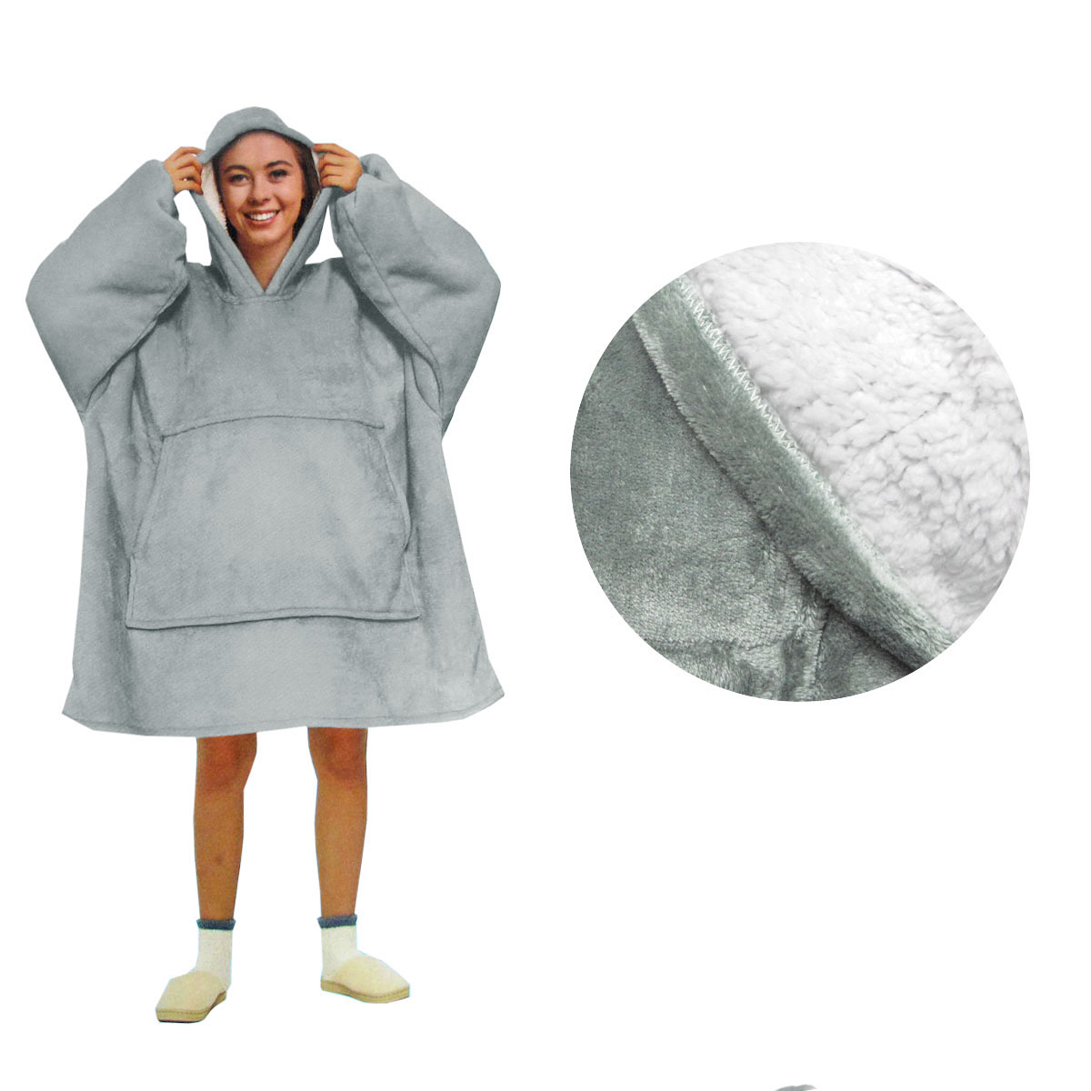 V442-ABR-BLANKET-ADULTHOODIEPLAIN-SILVER-SH-96622-00 Blanket Hoodie with Sherpa Reverse Plain Silver - Image 1