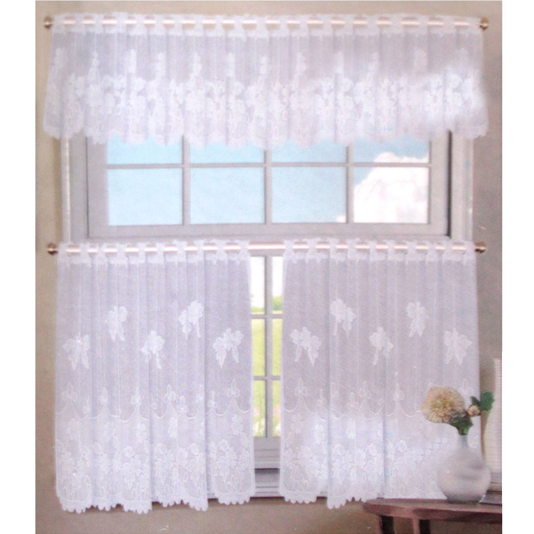 V442-ABR-CURTAIN-3PCEFLORA-WHITE-RE-96321-00 3 Pce Cafe Flora Lace Curtain Set - Image 1