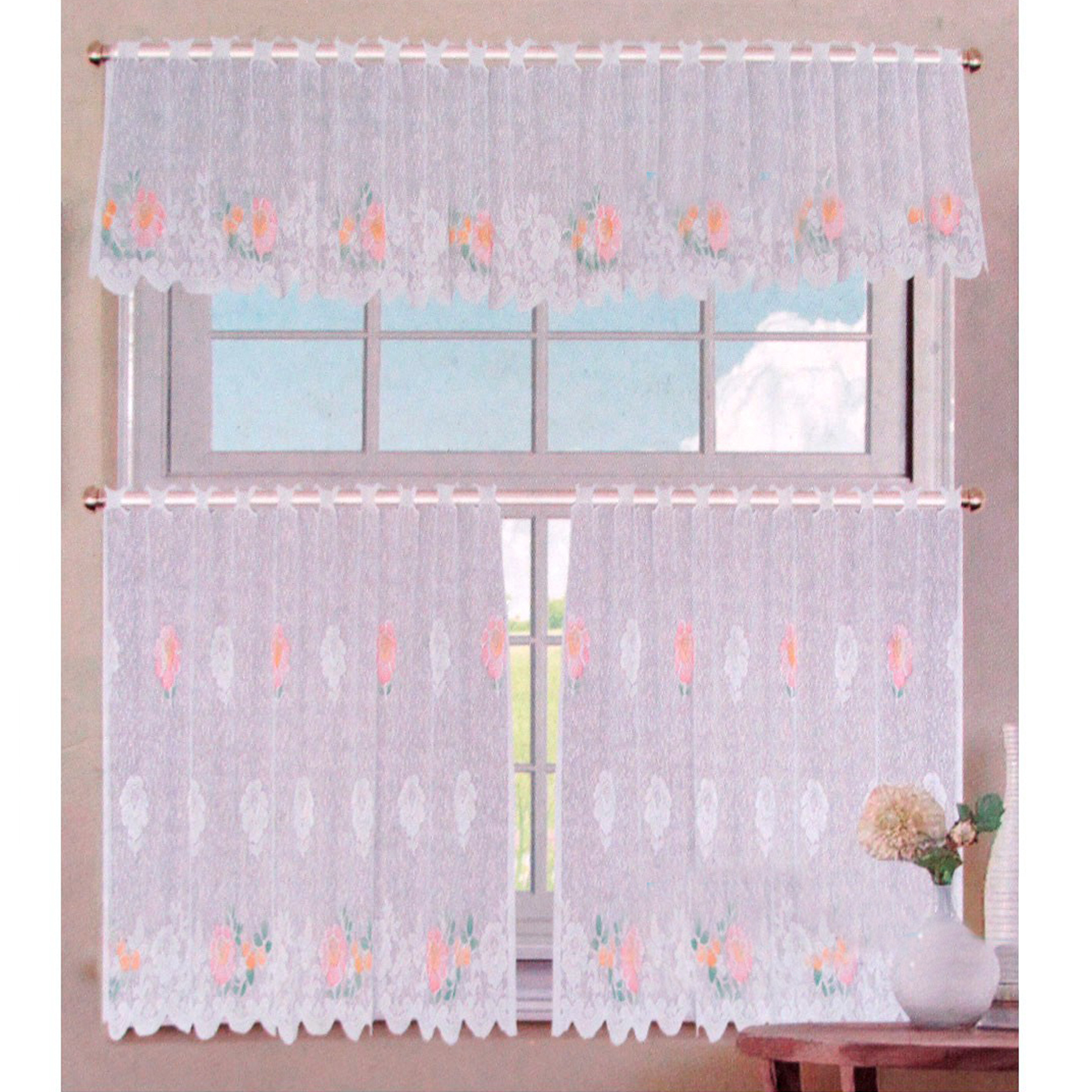V442-ABR-CURTAIN-3PCEGARDENIA-WHITE-RE-96322-00 3 Pce Cafe Gardenia Lace Curtain Set - Image 1