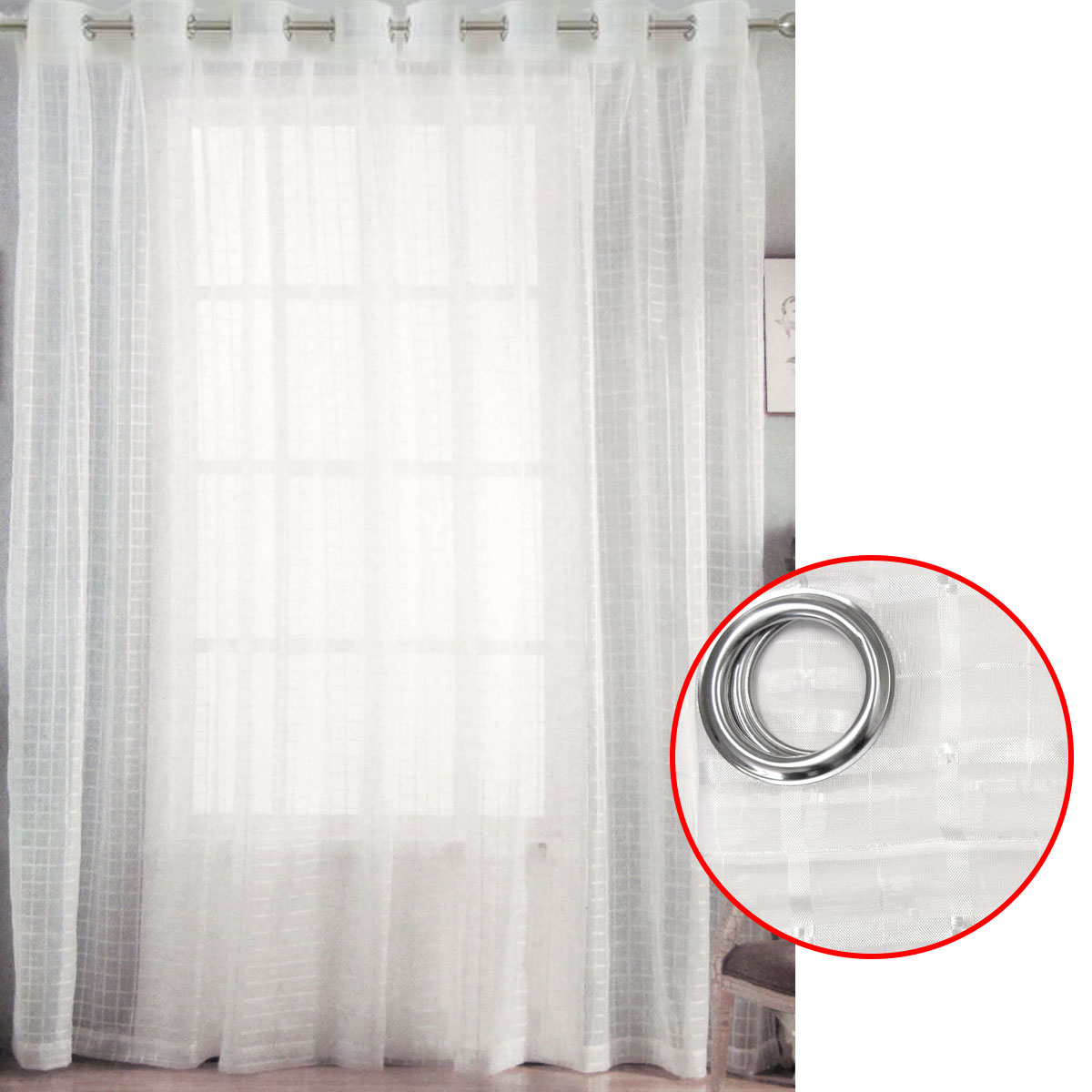 V442-ABR-CURTAIN-EYELETSHEERCHECKERED-WHITE-RE-97293-00 Pair of White Checkered Eyelet Sheer Curtains 140 x 225cm - Image 1