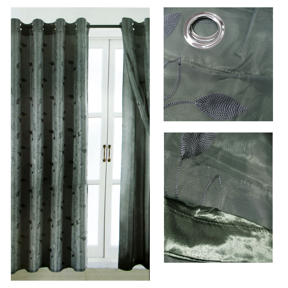 V442-ABR-CURTAIN-LEAFEMBROIDERED-CHARCOAL-RE-96324-00 Pair of Double Layered Leaf Embroidered Eyelet Curtains Charcoal - Image 1
