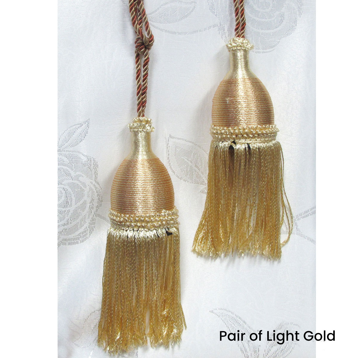 V442-ABR-MISC-PAIRCURTAINTIES-LIGHGOLD-SH-96582-00 Pair of Curtain Tassel Rope Ties 52cm Light Gold - Image 1