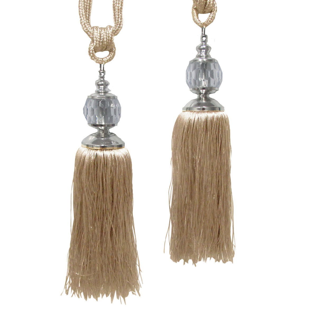 V442-ABR-MISC-PAIRELIZABETHTIES-LATTE-SH-96970-00 Elizabeth Pair of Curtain Tassel Rope Ties Latte/Silver - Image 1