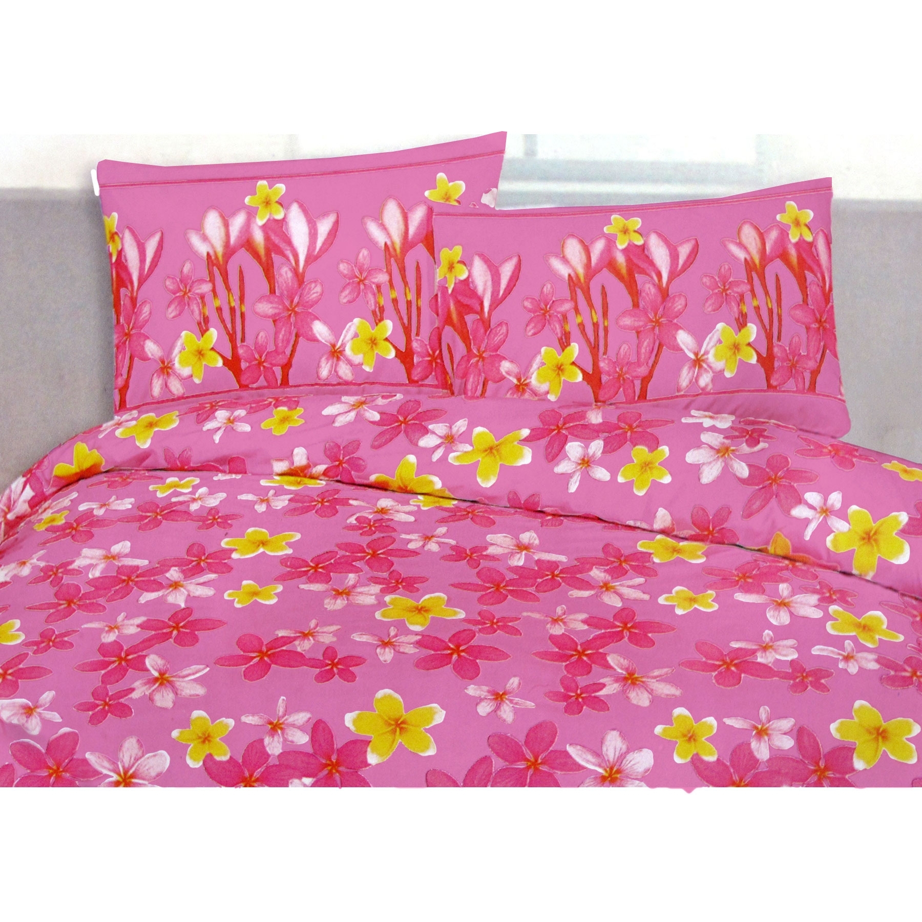 V442-ABR-QUILTCS-FRANGIPANIJUNGLE-PINK-KI-96353-00 225TC Polyester Cotton Frangipani Jungle Pink Quilt Cover Set King - Image 1
