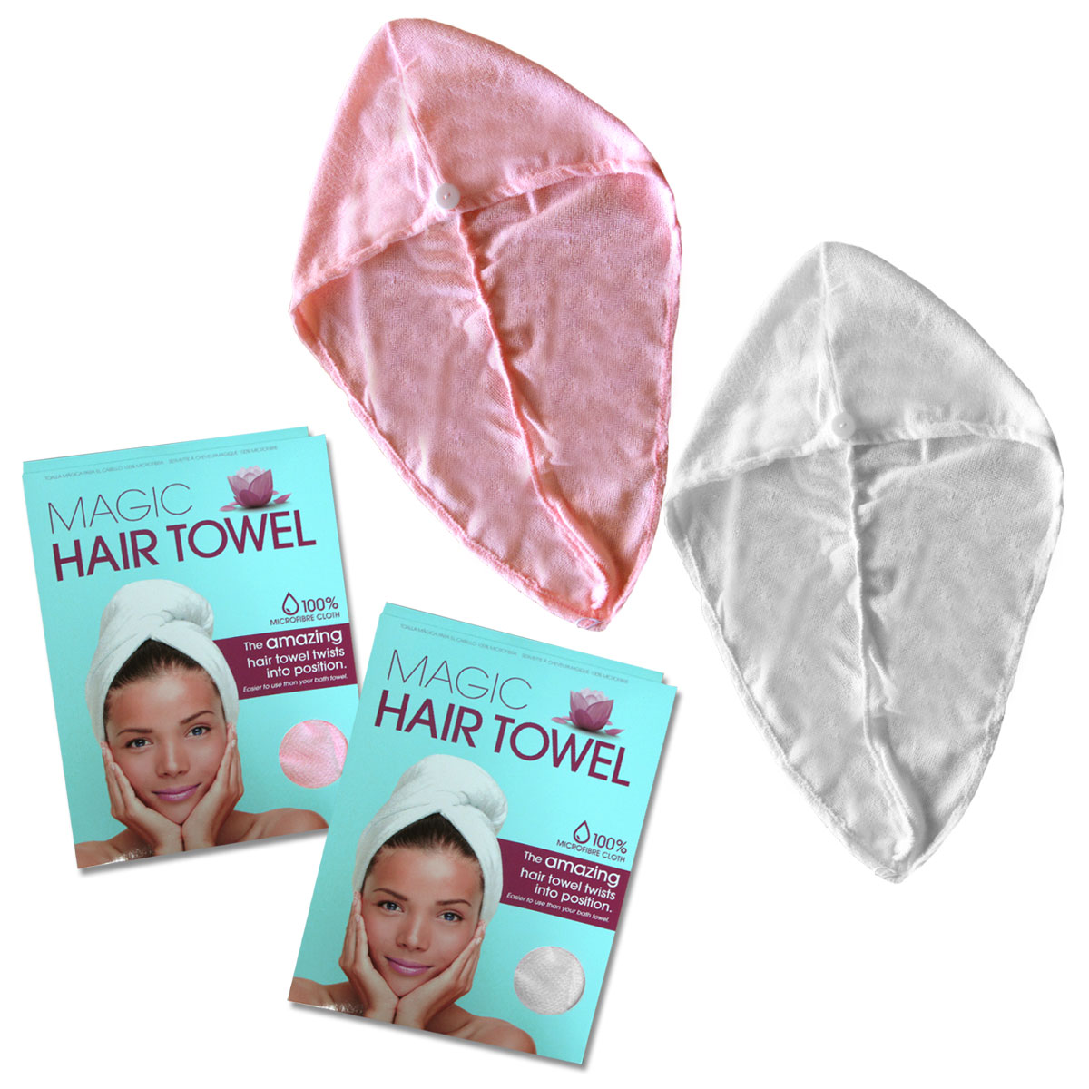 V442-ABR-TOWEL-SETOF2HAIRDRY-PINKWHITE-SH-96279-00 Set of 2 Magic Quick Dry Microfibre Hair Dryer Towels Pink + White - Image 1