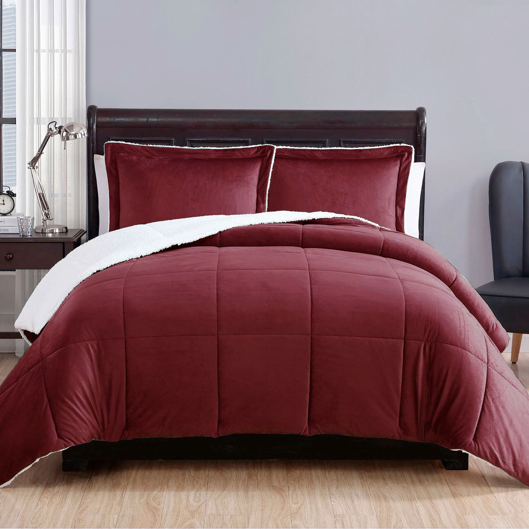 V442-ATX-COMFORTER-3PIECEMICROMINK-BURG-QS-202856-00 3 Piece Ultra-soft Micro Mink Comforter Set Queen with Sherpa Reverse Burgundy - Image 1