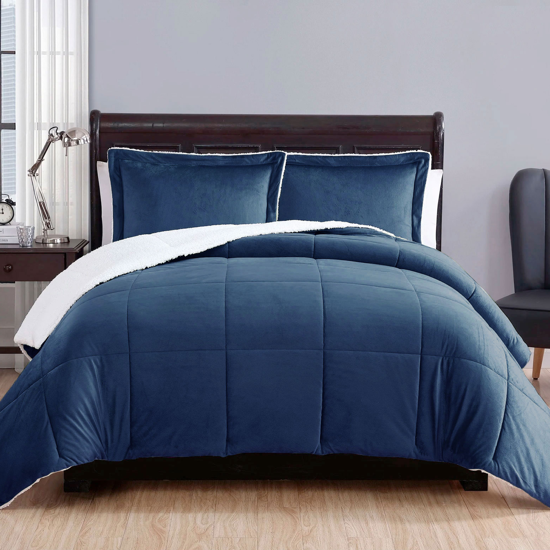 V442-ATX-COMFORTER-3PIECEMICROMINK-NAVY-QS-202854-00 3 Piece Ultra-soft Micro Mink Comforter Set Queen with Sherpa Reverse Navy Blue - Image 1