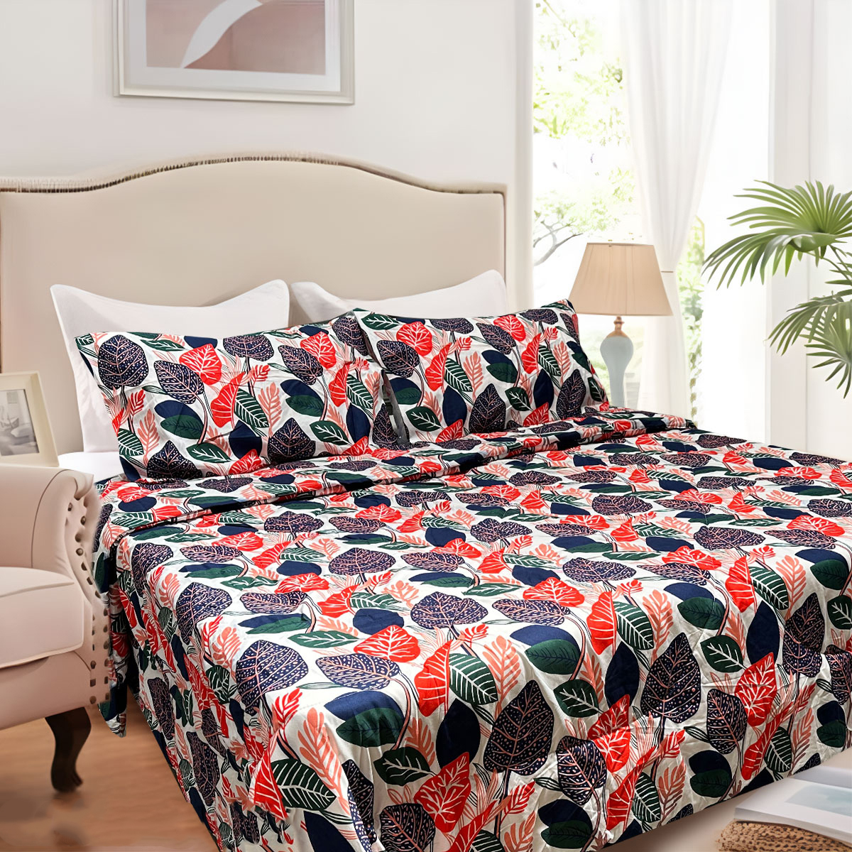 V442-ATX-COMFORTER-CORBETTC4-RED-QS-97451-00 Hotel Living 3 Pce Light Weight Comforter Set Queen/King Corbett Tropical Leaves - Image 1