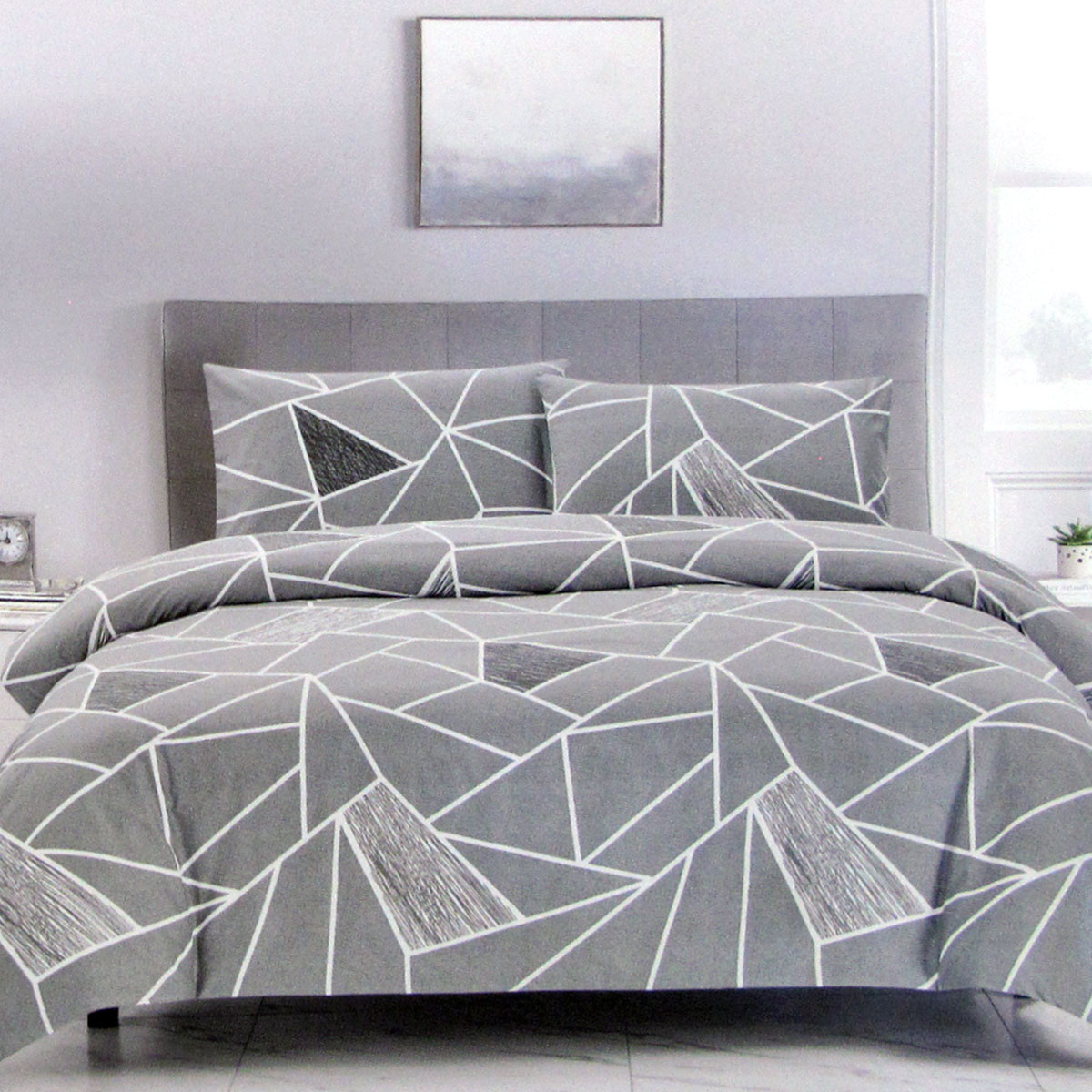 V442-ATX-QUILTCS-BENTLEY-GREY-KI-208745-00 Artex Bentley Grey Quilt Cover Set Geometric Pattern Reversible Printed Microfiber Polyester King - Image 1