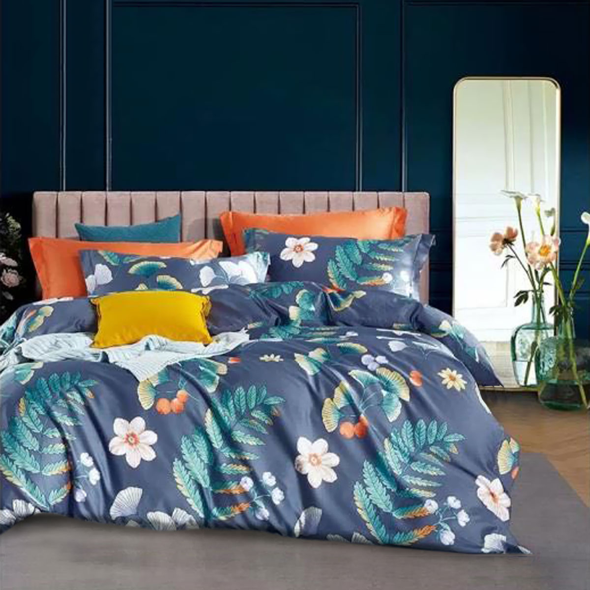 V442-ATX-QUILTCS-MIRADEGARDEN-NAVY-QS-79466-00 400TC Cotton Sateen Quilt Cover Set Mirade Garden Queen - Image 1