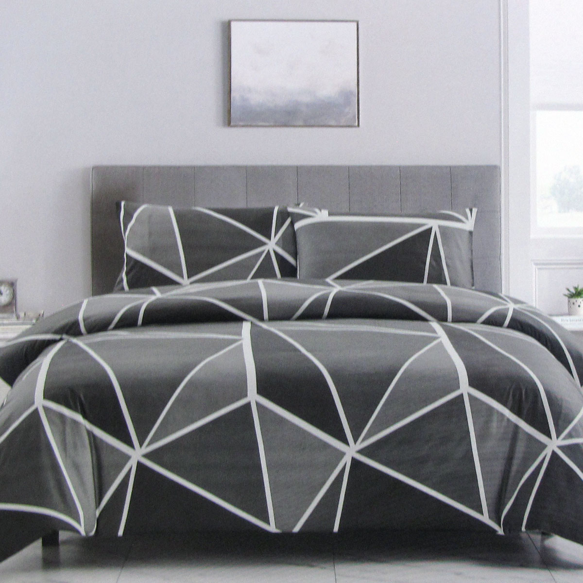 V442-ATX-QUILTCS-OWEN-CHARCOAL-QS-208742-00 Artex Owen Charcoal Quilt Cover Set Geometric Pattern Reversible Printed Microfiber Polyester Queen - Image 1