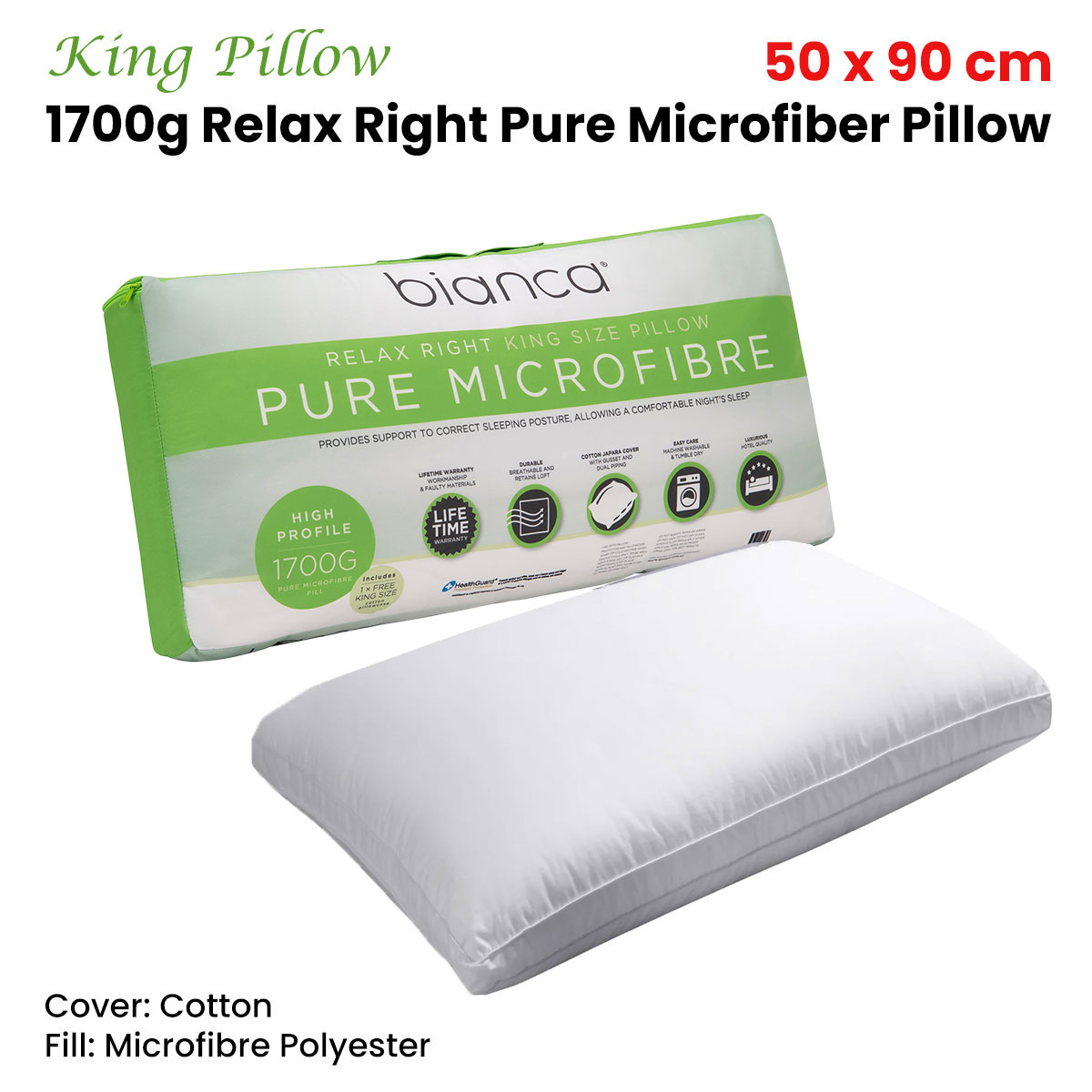 V442-BCA-PILLOW-RELAXMF-WHITE-KI-202841-00 Bianca 1700g Relax Right Pure Microfiber King Pillow 50 x 90cm - Image 1