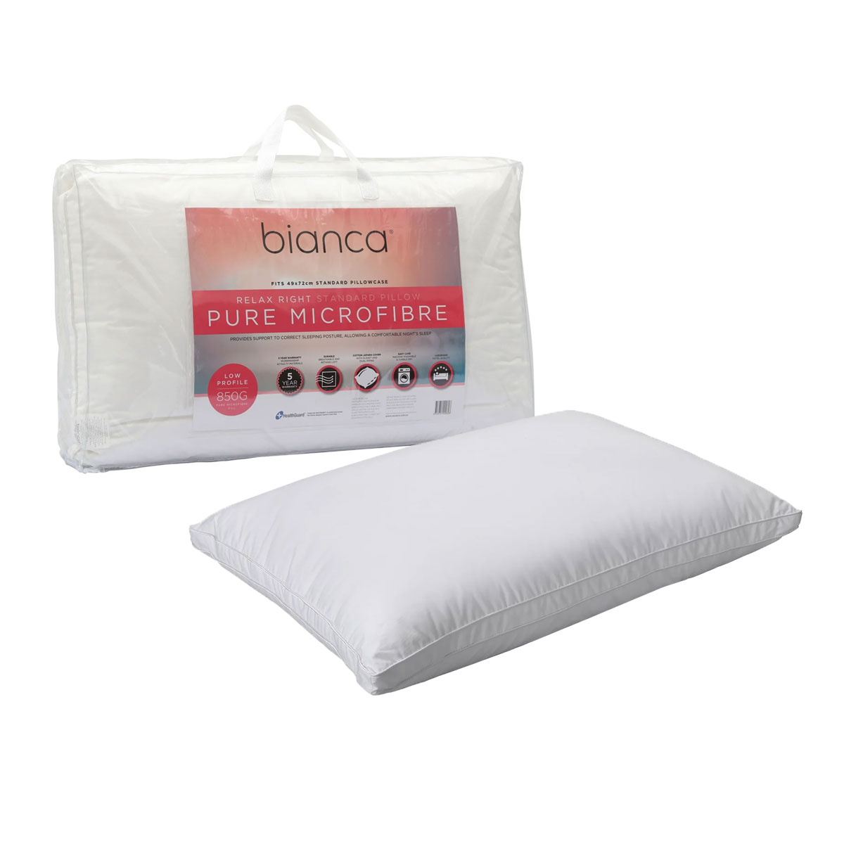 V442-BCA-PILLOW-RELAXMFLOW-WHITE-ST-202839-00 Bianca 850g Relax Right Pure Microfiber Low Profile Standard Pillow 49 x 72cm - Image 1