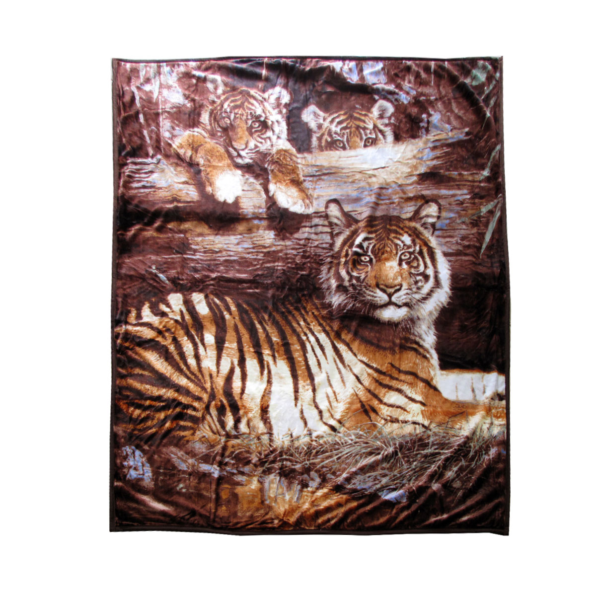 V442-BZO-BLANKET-6753DTIGER-BROWN-QS-97829-00 675gsm 2 Ply 3D Print Faux Mink Blanket Queen 200x240 cm Tiger Family - Image 1