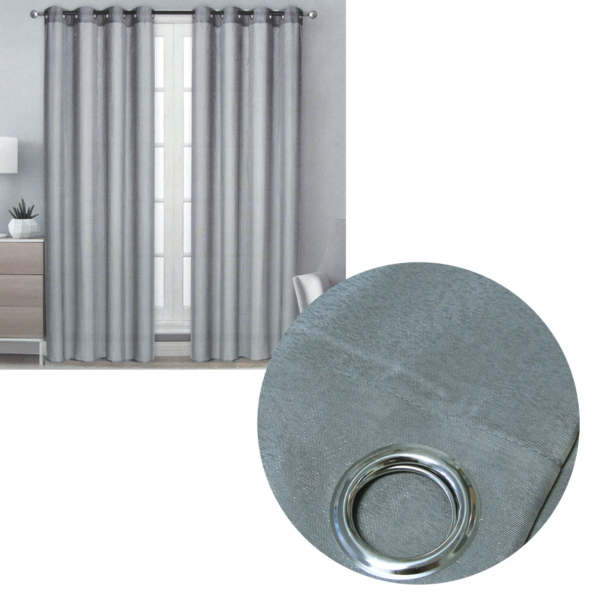 V442-BZO-CURTAIN-PAIRSHEEREYELET-GREY-RE-98536-00 Pair of Solid Colour Sheer Eyelet Curtains 137 x 213 cm Grey - Image 1