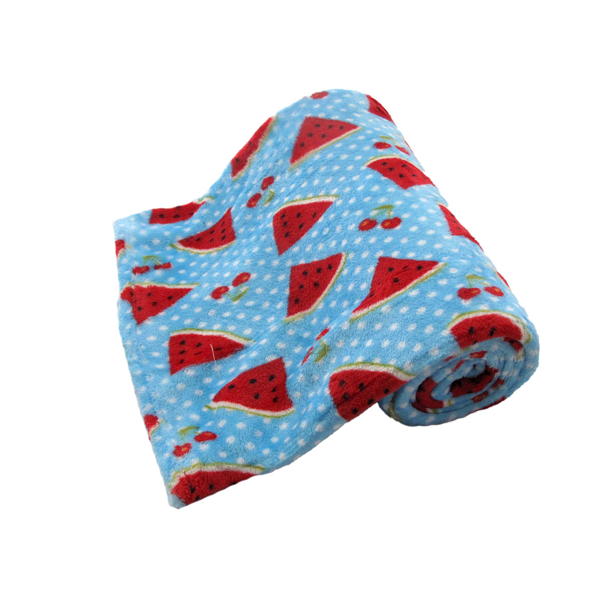 V442-BZO-THROW-CORALWATERMELONCHERRIES-BLUE-RE-97863-00 190GSM Girls Cute Ultra Soft Coral Fleece Throw 127 x 152cm Watermelon & Cherries - Image 1