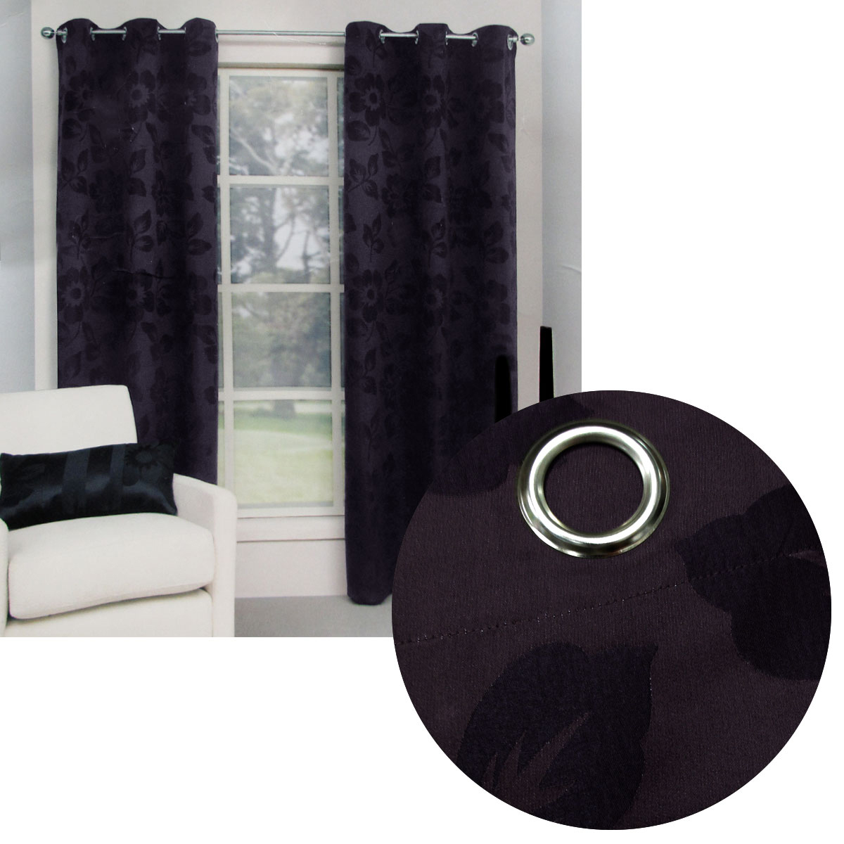 V442-CAP-CURTAIN-PROVINCIALEYELET-AUBERGINE-RE-173504-00 Belmondo Provincial Pair of Eyelet unlined Jacquard Curtains 120 x 220cm each Aubergine - Image 1