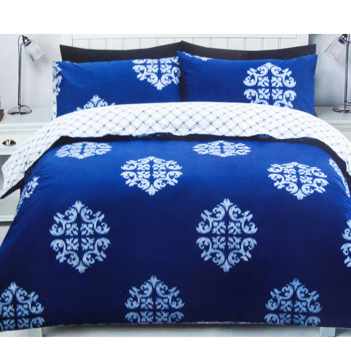 V442-CAP-QUILTCS-GEO-BLUE-QS-98556-00 225TC Geo Damask Cotton Rich Easy Care Quilt Cover Set Queen - Image 1