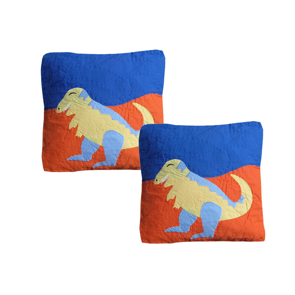 V442-END-CUSHIONC-PACKOF2DINOSAUR-ORANGE-SQ-98769-00 Pack of 2 Dinosaur Embroidered Quilted Cushion Covers 43 x 43 cm - Image 1
