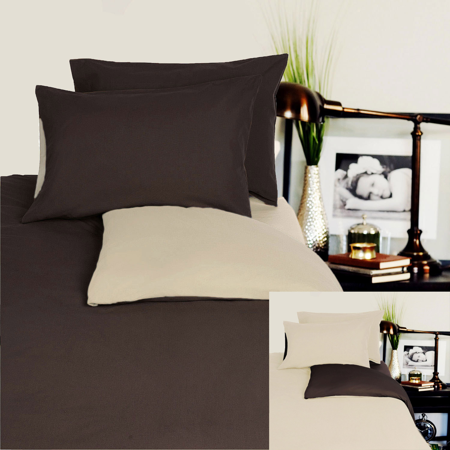 V442-GHT-QUILTCS-JERSEY-CHOCOLATE-DS-104359-00 Hotel Living Reversible 100% Cotton JERSEY Quilt Cover Set Chocolate / Linen - DOUBLE - Image 1