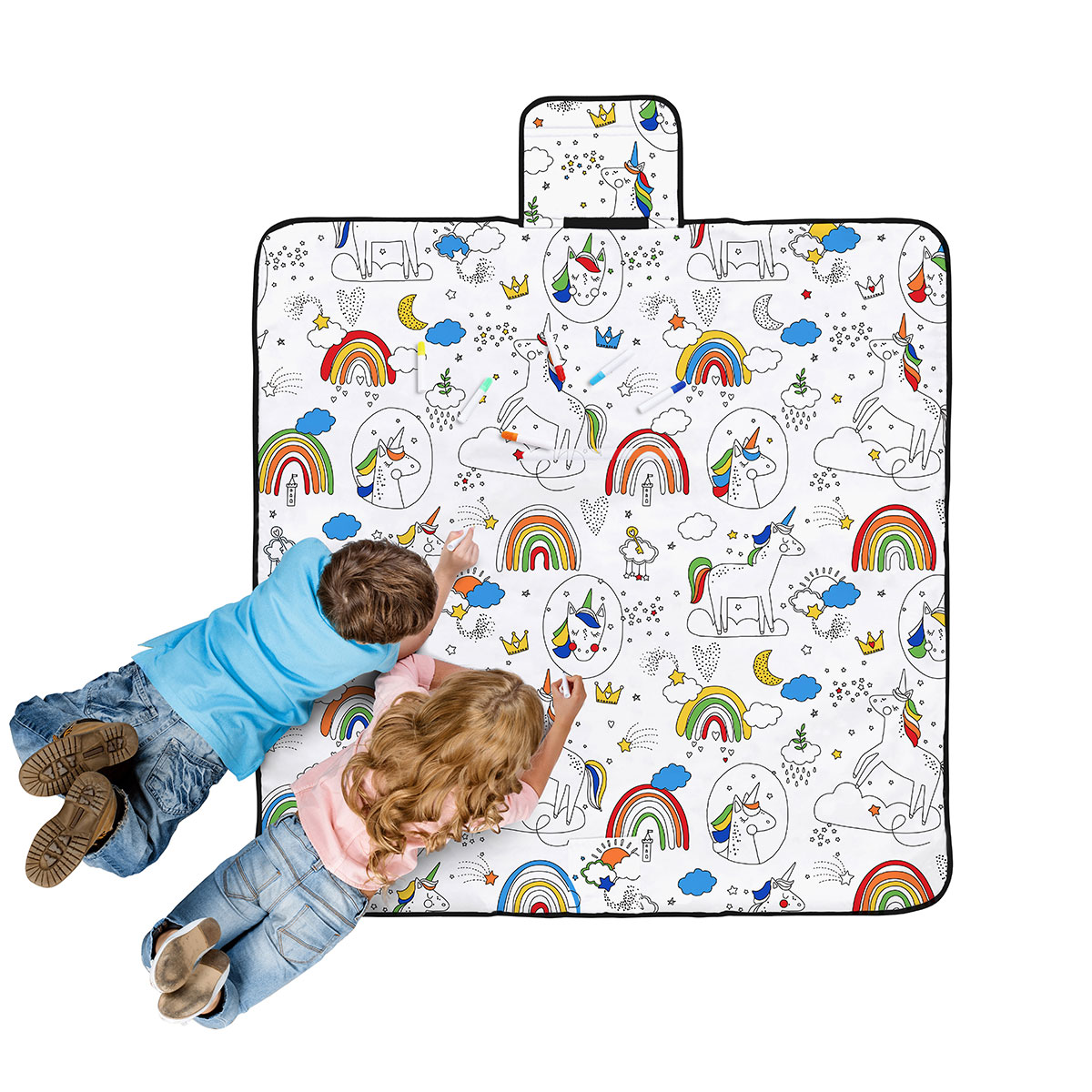 V442-HIN-BLANKET-DREAMBIGPICNIC-WHITE-SQ-83480-00 Happy Kids Dream Big Colour Me In Picnic Blanket 125 x 125 cm - Image 1