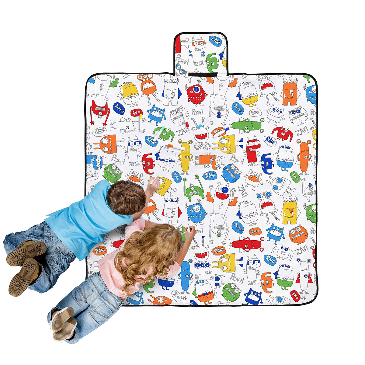 V442-HIN-BLANKET-MONSTERSQUADPICNIC-WHITE-SQ-83479-00 Happy Kids Monster Squad Colour Me In Picnic Blanket 125 x 125 cm - Image 1